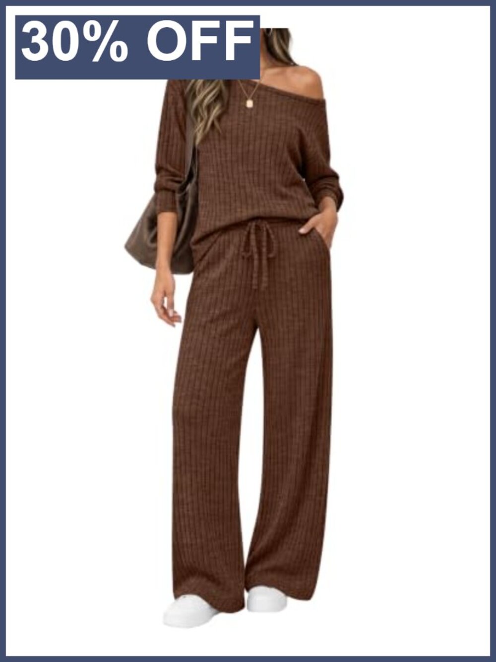 Women's 2 Piece Off Shoulder Sweater Set Ribbed Lounge Wide Leg Pants